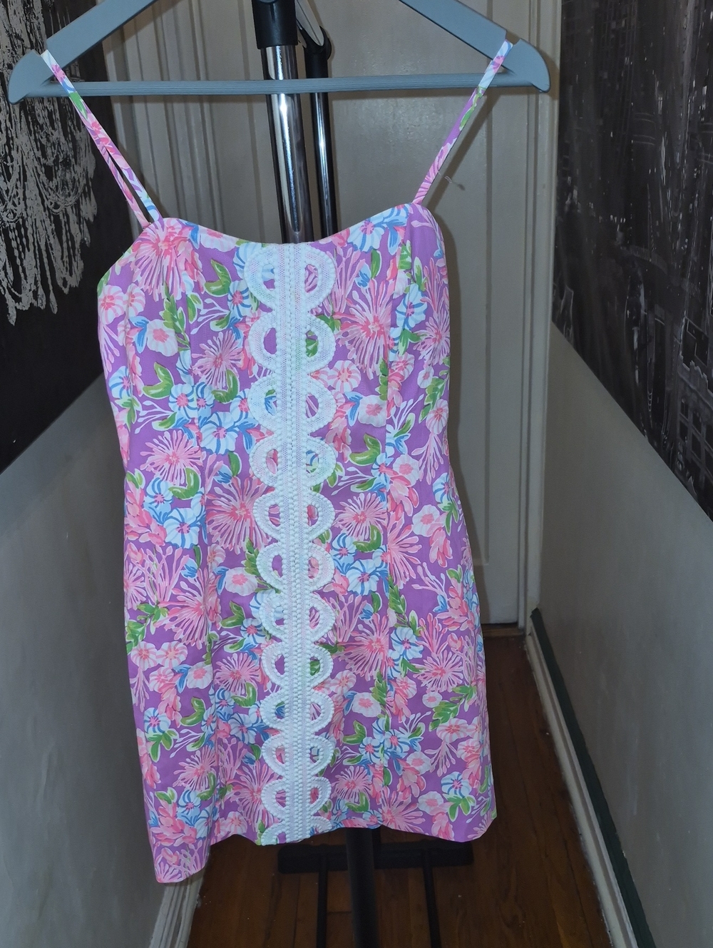 Floral Pink Lace-Trim Spaghetti Strap Sundress